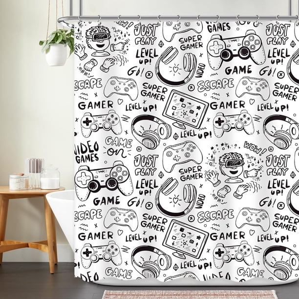 Cortina de ducha para niños con diseño de videojuegos, 60 x 72 pulgadas, color blanco y negro, para adolescentes, diseño divertido de graffiti monocromático, para gamer, gamer, juego de baño, cortina