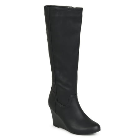 Womens Round Toe Faux Leather Mid-calf Wedge Boots