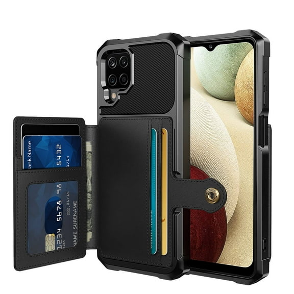 Galaxy A12 Wallet Case, Shockproof Rubber Card Holder Wallet PU Leather Back Phone Case Kickstand Protective Scratch Hybrid Bumper Shell for Samsung Galaxy A12 6.5 inch 2020, Black