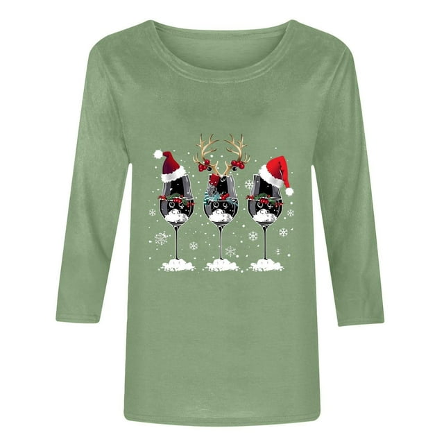 TSADFHJI Hauts pour Femmes Élégants TG 2024 T-Shirt de Noël Décontracté Rouge avec Motif en Verre Mode Manches 3/4 Col Rond m Vert