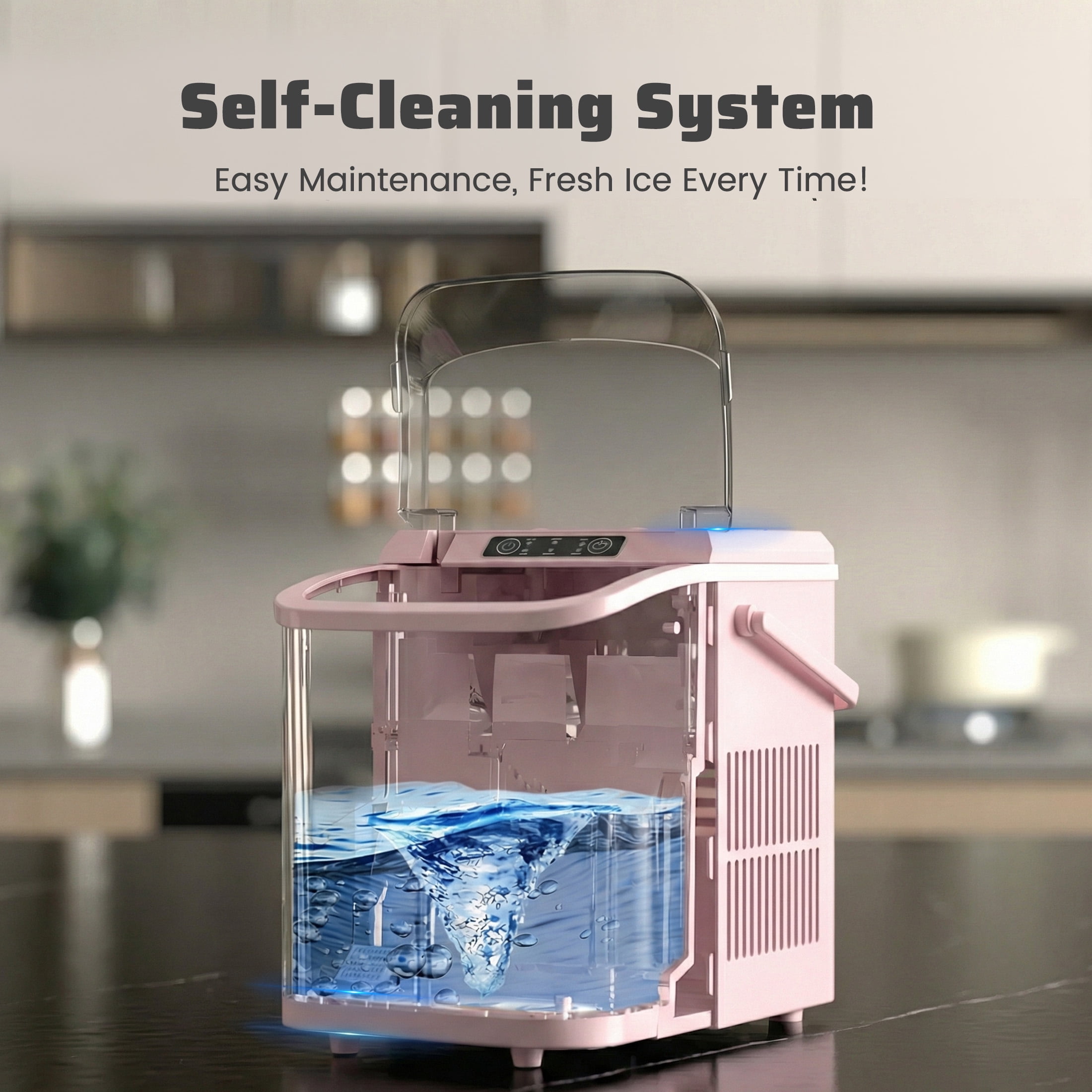 JIOABL Portable Countertop Ice Maker, Self-Cleaning, 9 Cubes in 6 Min, 26 lb/Day, 2L Tank, with Handle, Pink
