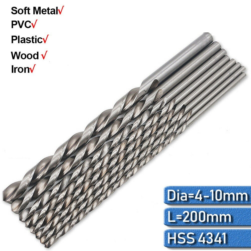 8Pc 200mm Long High Speed Steel HSS Twist Drill Bits for Metal Drilling 4.0-10mm 