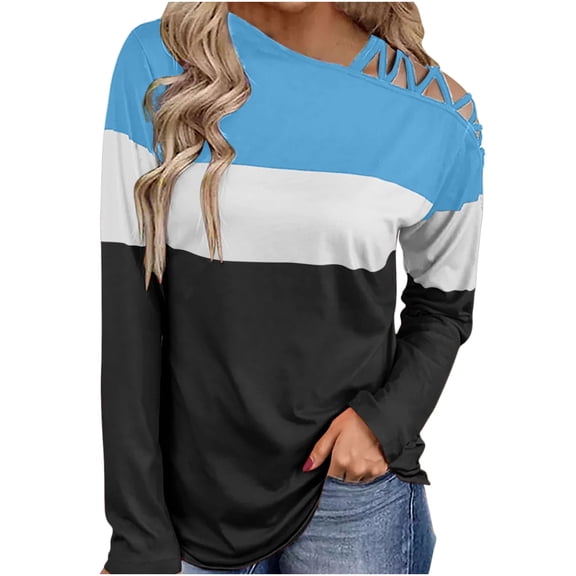 TIHLMK Blouses Shirts Women Long Sleeves Shoulder Off-the-shoulder Cross Strap Plaid Color Block Tops Blouse Tunic Tops Light Blue