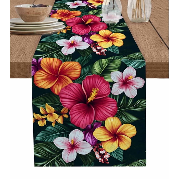 Ldtrchee Red Flower Table Runner 70 Inches, Spring Colorful Floral Wildflowers Green Leaf Bed Runner Dresser Scarves Tabletop for Indoor Outdoor Parties/Ceremony/Banquet, 13" x 70"
