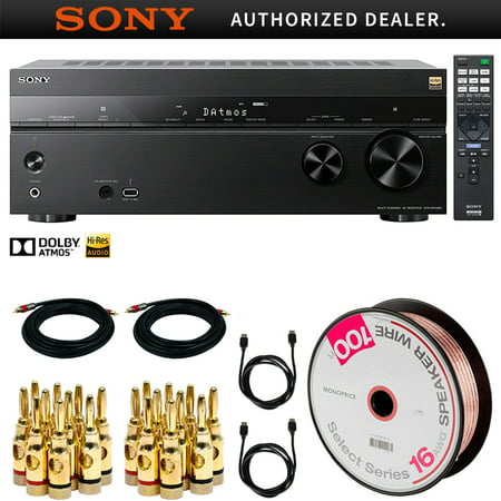 Sony STRDN1080 7.2 Channel Dolby Atmos Home Theater AV Receiver with 100FT Select Series 16 AWG Speaker Wire, 2x Brass Speaker Banana Plugs (5-Pair), 2x 15FT Coaxial A/V RCA Cable, 2x 6FT (Best Banana Plugs For Speaker Wire)