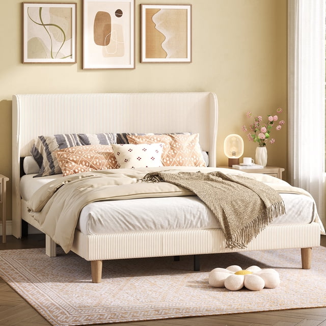 Bestier Queen Bed Frame, Wingback Headboard Corduroy Upholstered Platform Bed, No Box Spring Needed, Noise-Free, Easy Assembly, Beige