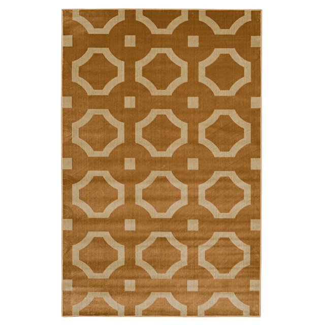 Vintage Forsyth Beige & Sand 8' x 10' area rug with an oversized geometric pattern in beige and sand tones, made of machine-made microfiber polyester with a short velvet-like pile and yarn-serged edges, ideal for larger rooms or open concept spaces and easy to maintain with vacuuming and spot cleaning.