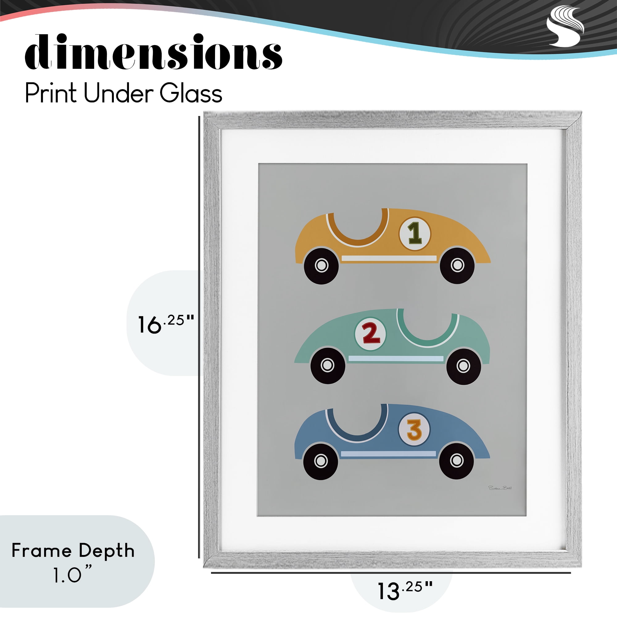 Stupell Industries Vroom Race Cars Gray Framed Print Under Glass, design by Susan Ball