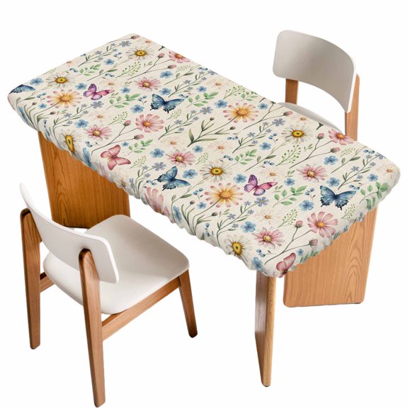Pink Spring Floral Table Cloths for 5 Foot Rectangle Tables, Elegant Pastoral Flowers Butterflies Rustic Patio Waterproof Elastic Fitted Tablecloths, Washable Rectangular Table Cover for Camping
