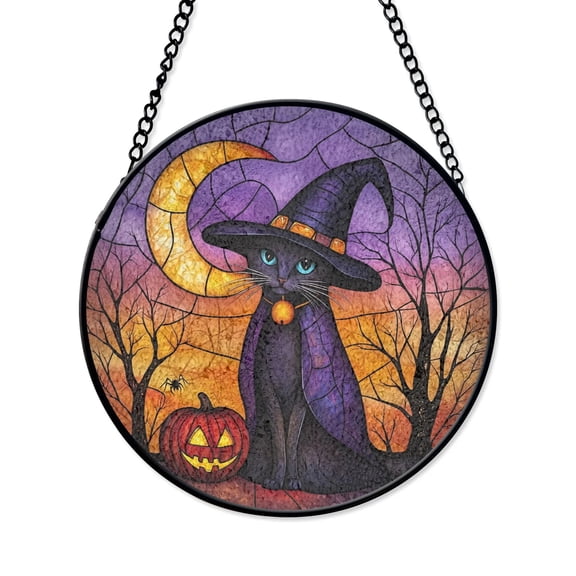 Black Cat Stained Glass Suncatcher, Halloween Moon Pumpkin Window Decor, Spooky Gothic Style Art, Gift for Cat Lovers and Halloween Fans