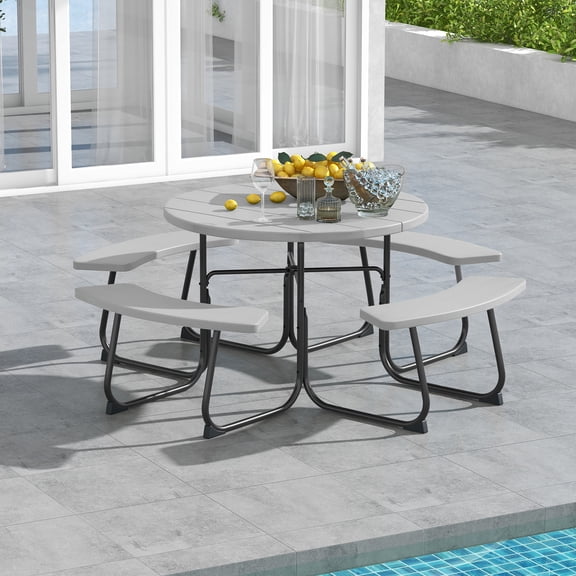 Gymax Outdoor Picnic Table Portable Picnic Table Bench w/ 4 Benches & Umbrella Hole Grey