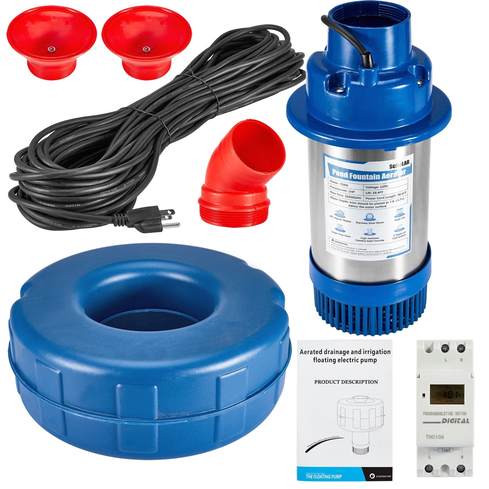 FOUR E's Scientific Pond Fountain Aerator, 1HP 15000GPH Floating Fountain Pump with 100ft Power Cord for Outdoor Ponds, 110V 750W