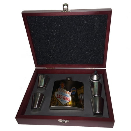 

KuzmarK 6 oz. Stainless Steel Flask Set in Rose Wood Presentation Box - Fabulous Las Vegas