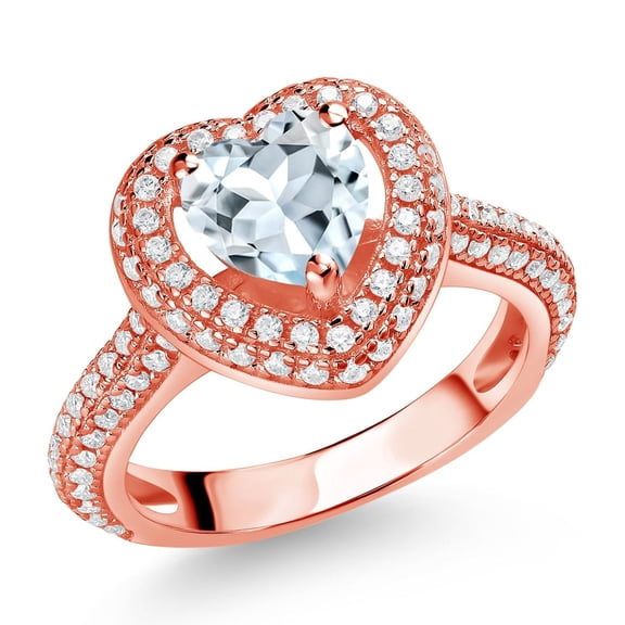 Gem Stone King 18K Rose Gold Plated Silver Sky Blue Aquamarine and White Moissanite Heart Shape Ring for Women (1.35 Cttw, Available in Size 5, 6, 7, 8, 9)