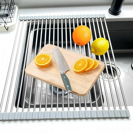 GoXteam Roll Up Dish Drying Rack, 17.7" x 15.4" Over The Sink Dish Drying Rack, Kitchen Dish Rack Foldable Dish Drainer, Stainless Steel Dish Drying Rack for Kitchen Sink Counter Storage