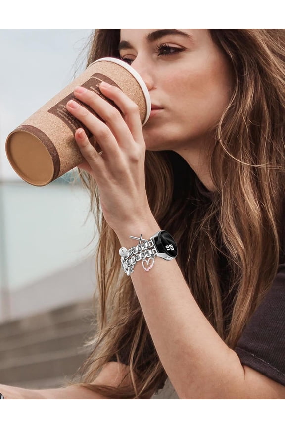 -Silver Metal Band with Charms Women 20mm Adjustable Double Chain Watch Strap Compatible with Samsung Galaxy Watch 7/6/5/4/Active 2/4 6 Classic/5 Pro/FE 40mm 42mm 43mm 44mm 45mm 46mm 47mm