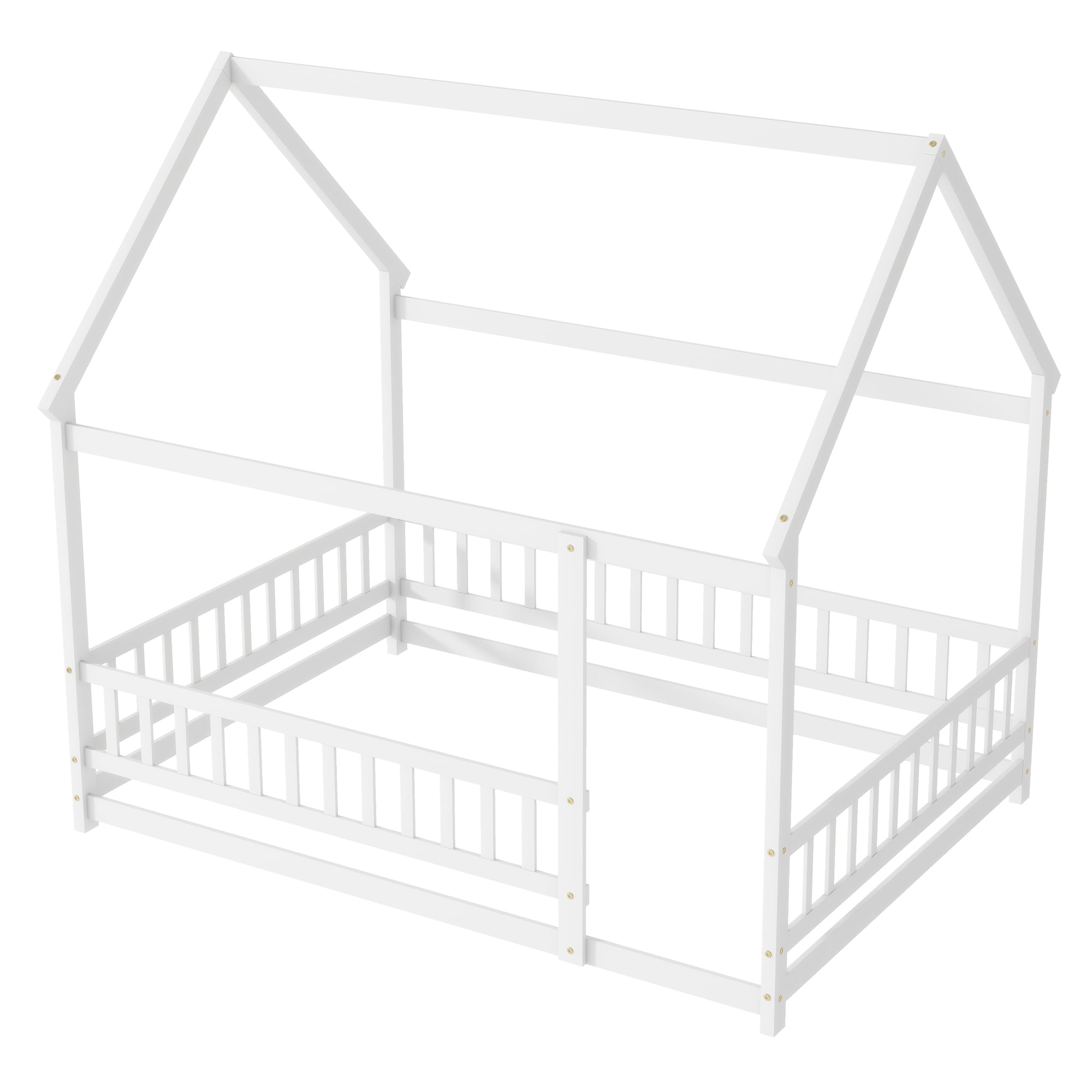 Alvantor Full Size Floor House Bed for Toddler, Solid Wood Bed Frame with Guardrails White