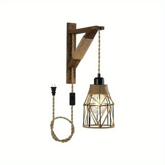 Plug In Wall Sconces Set Of 2 Or 1, Farmhouse Hanging Lamps That Plug Into Wall Outlet, Rustic Metal Cage Sconce with Wooden Bracket for Bedroom Living Room Headboard.