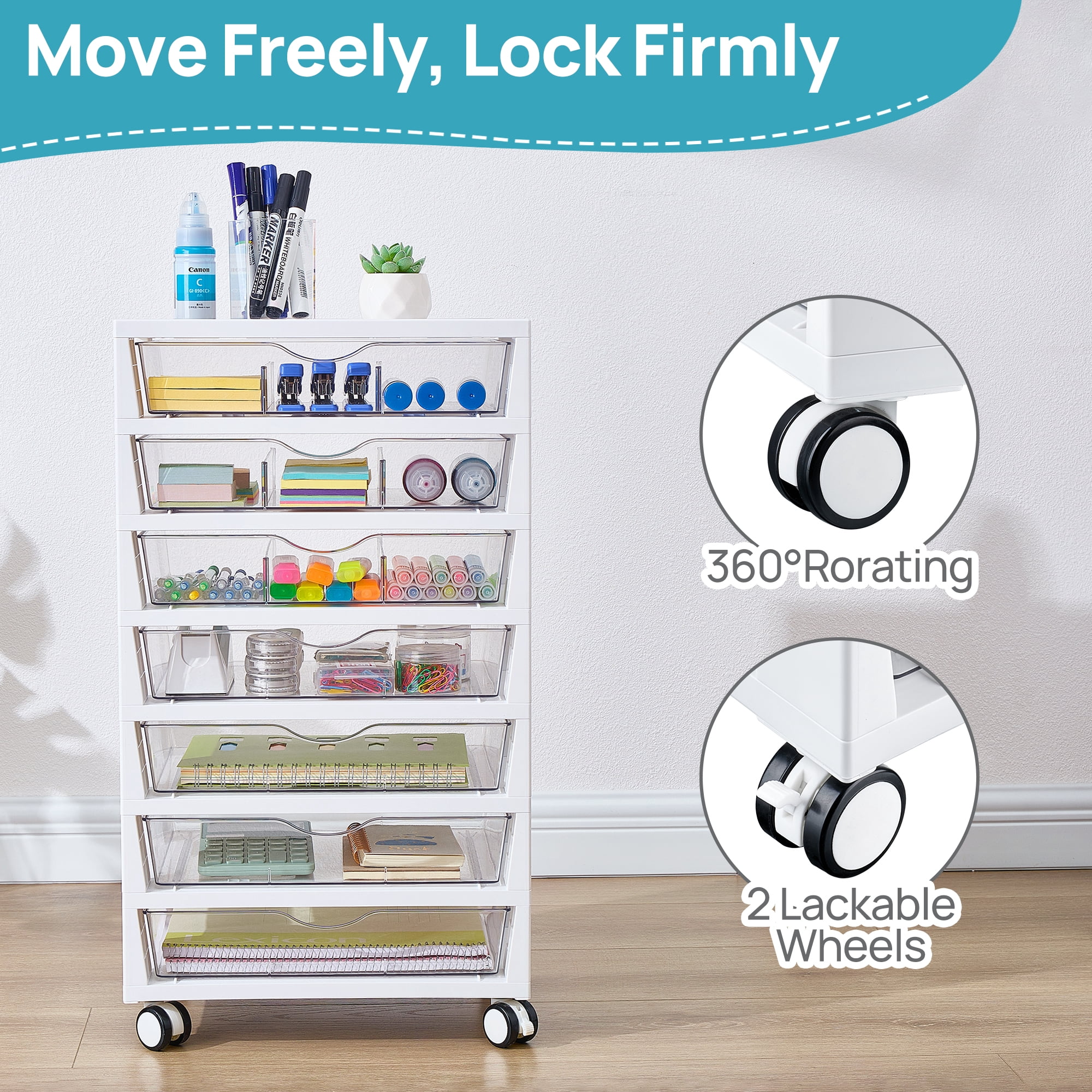 Sindcom Storage Rolling Drawer Cart, Clear Plastic Organizer with 7 Drawers and 7 Removable Dividers for Art &Office Supplies, Beauty Products, Toy, Under Desk Storage for Craft Room, Classroom