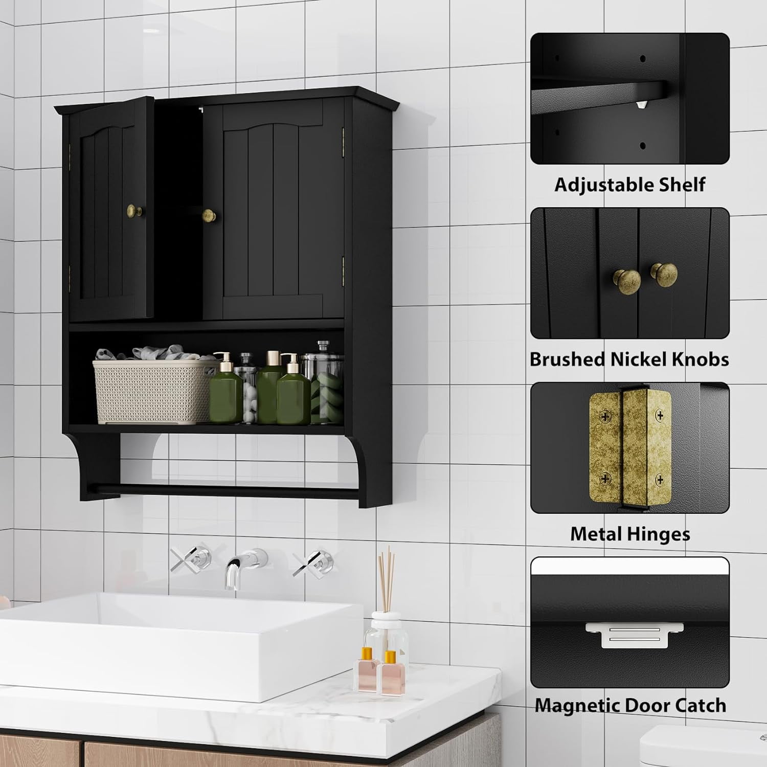 Semiocthome Bathroom Medicine Cabinet Wall Mounted Storage with Towel Bar and 2 Door in Black
