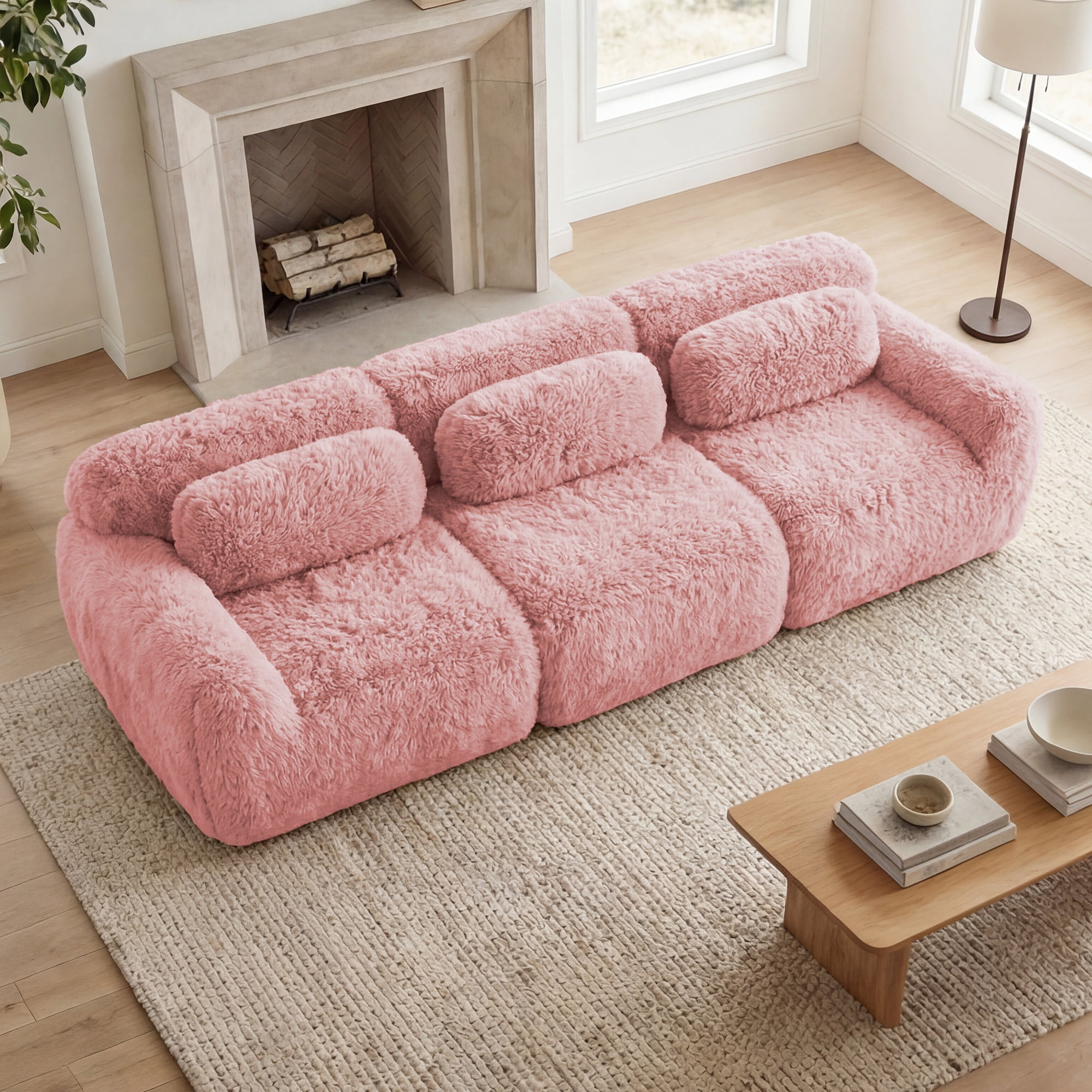 MAYEERTY 114" Plush Modular Sectional Sofa, Pink Ergonomic Couch, Vacuum Compression Buckle Connection with Throw Pillows for Study Home Theater