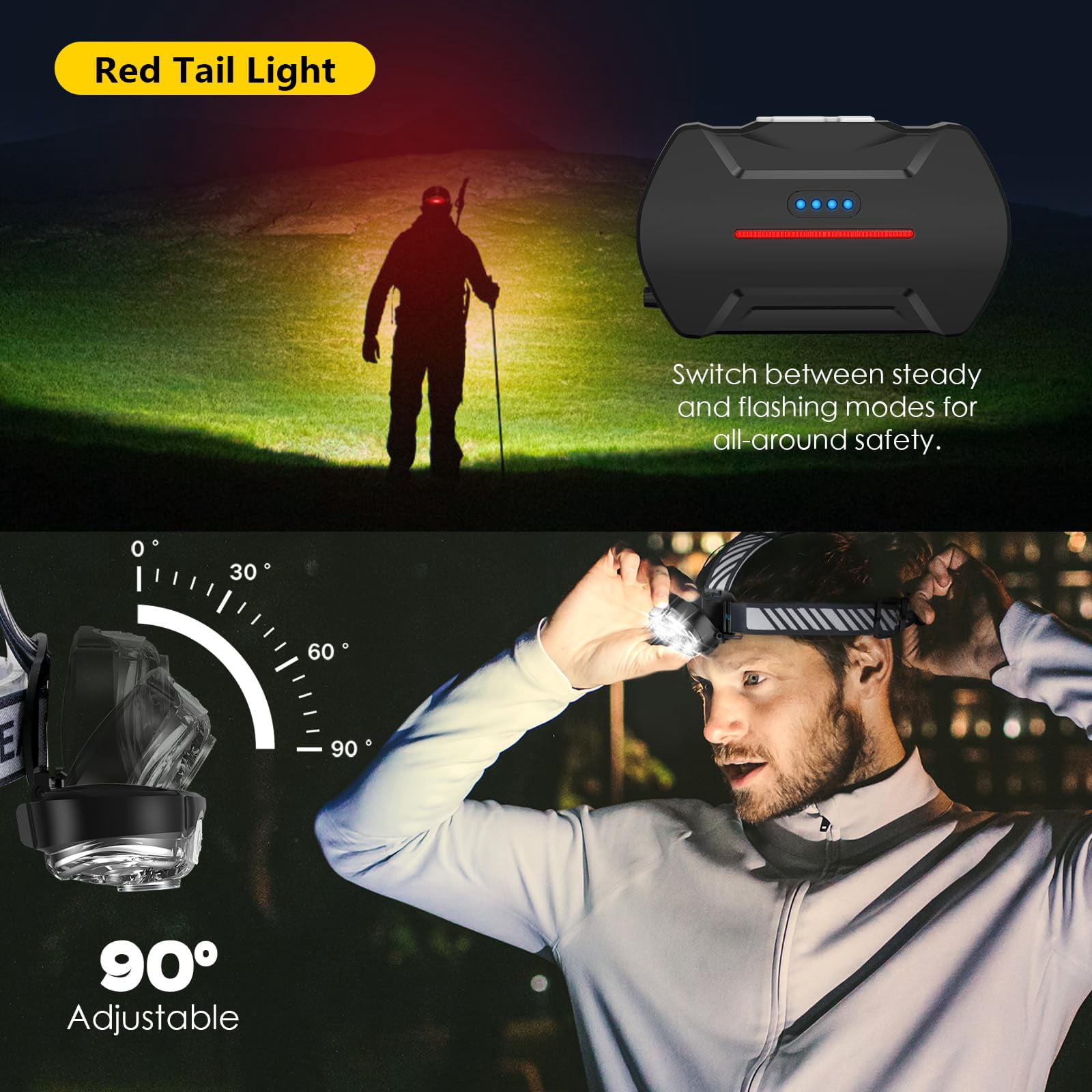 Rechargeable Headlamp  High Lumen 5 Led Head Lamp With Red White Light Ipx4 Waterproof Headlight 8 Mode Flashlight For Outdoor Running Fishing Hiking Camping Gear-2pack