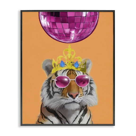 Stupell Industries Disco Tiger with Crown Animals Painting Black Framed Art Print Wall Art, 11 x 14