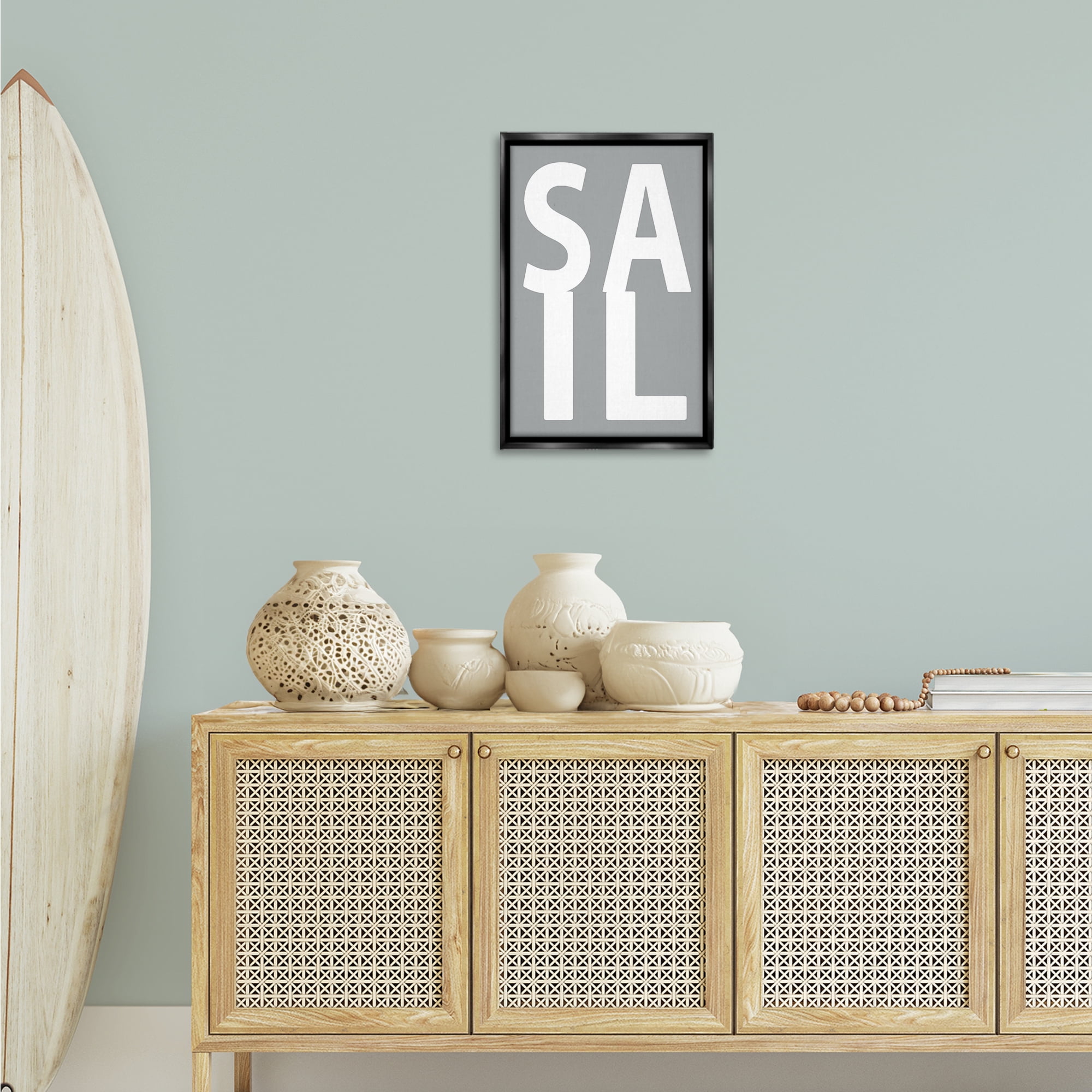 Stupell Industries Sail Word on Grey Typography Painting Black Floater Framed Art Print Wall Art, 17 x 25