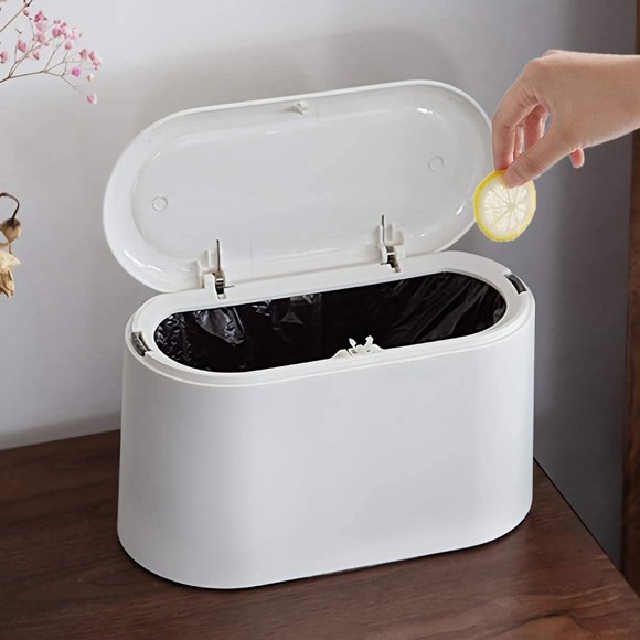 Mini Trash Can with Lid - Press-Type, Removable Inner Plastic, Small Garbage Can, Compact Covered Closable Trash Bin for Desk, Countertop, Office, Kids - Oval Rectangle (White)