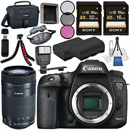 Canon EOS 7D Mark II DSLR Camera 9128B002 + Canon EF-S 55-250mm Lens + LPE-6 Lithium Ion Battery + Sony 16GB SDHC Card + Sony 32GB SDHC Card + Flexible Tripod + Universal Slave Flash unit