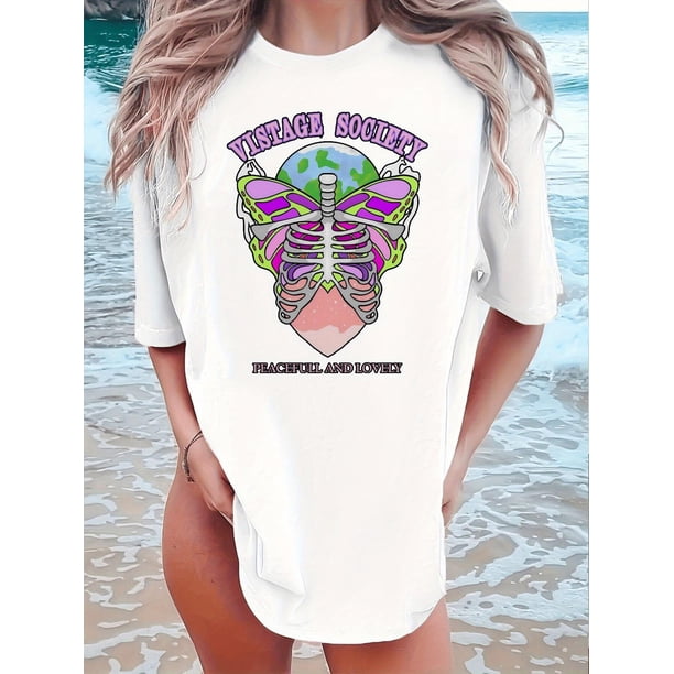 Vintage Society Peaceful and Lovely T-Shirt, 100% Cotton Crew Neck, Casual Animal Pattern, All-SeasoCamisetas para mujer, lindas camisetas con estampado gráfico, de manga corta, estilo casual, para ve
