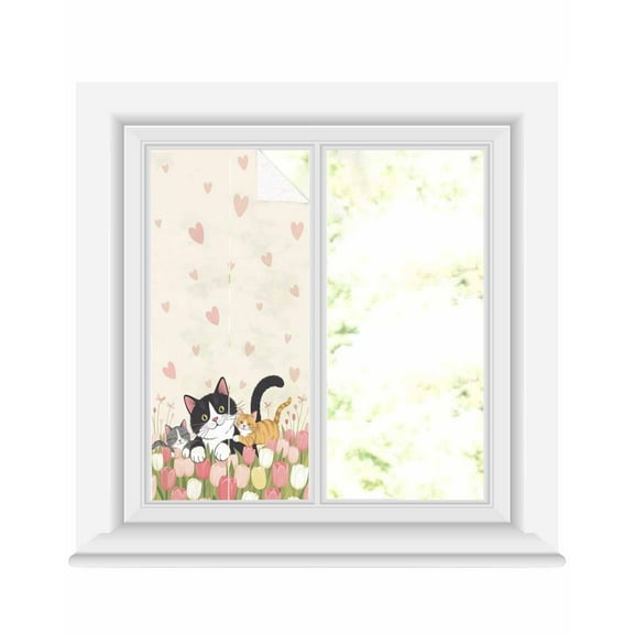 Window Privacy Film Japanese Cute Cats Stained Glass Window Film Decorative Sun Block Window Cover Pink Tulip Heart Botanical Pastoral Window Clings Static Adhesive Sticker for Bathroom 19.6"x39.3"