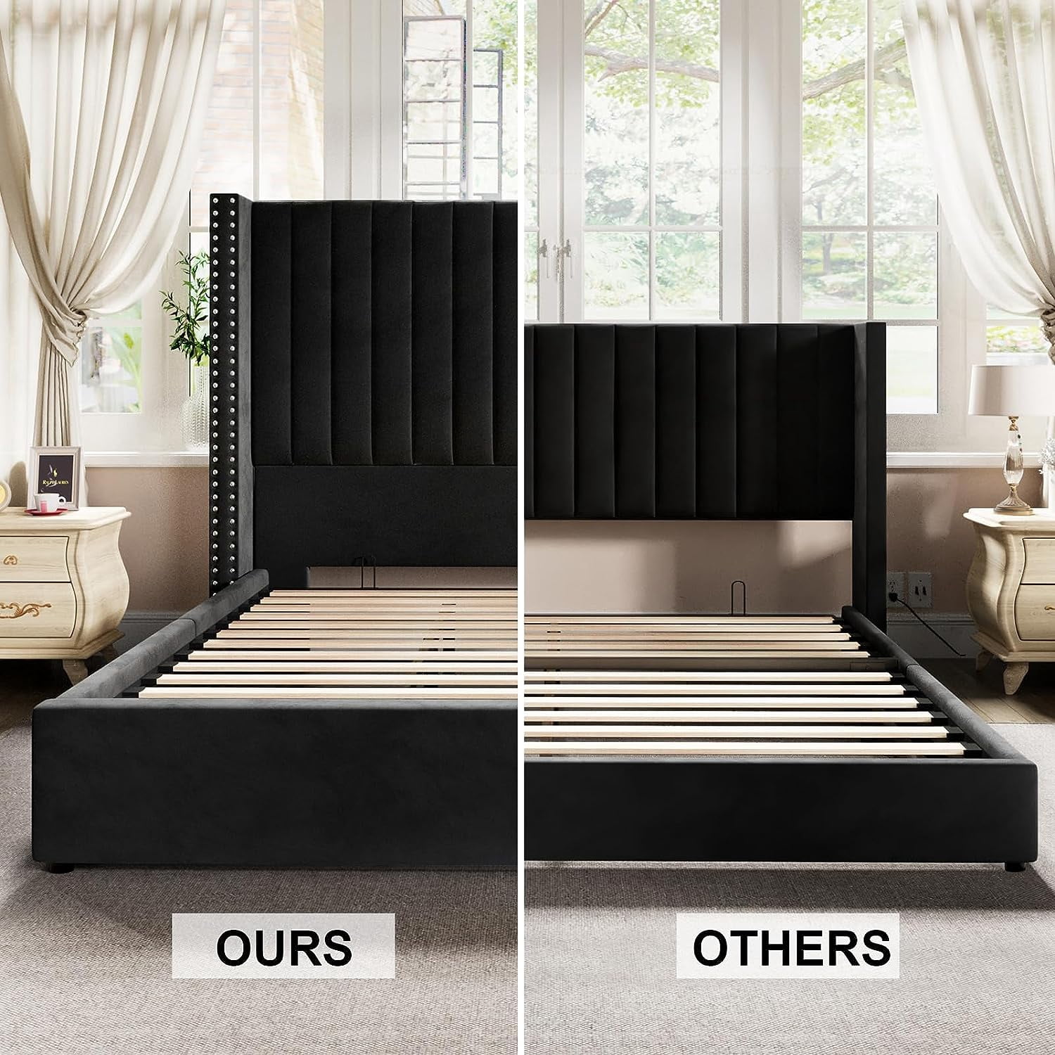 Merluxy King Bed Frame Lift Up Storage Bed,Velvet King Upholstered Bed Frame/Channel Tufted Wingback Headborad/No Box Spring Needed/Black