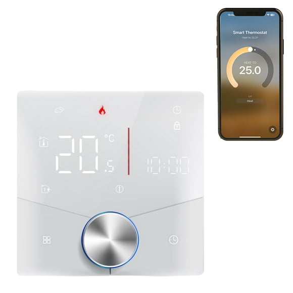 Thermostat Wireless Matter Thermostat for House Electric Floor Heating with APP and Voice Assistant Control Colorful LED Digital Touch Screen Adjustable Knob Precise Temperature