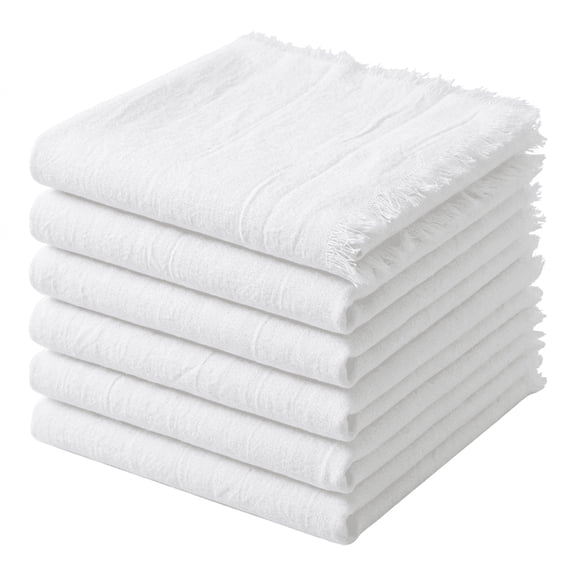6-Pack Handmade White Cotton Linen Napkins with Fringe - 17x17 Inch Rustic Square Cloth Napkins for Dinner, Weddings & Parties