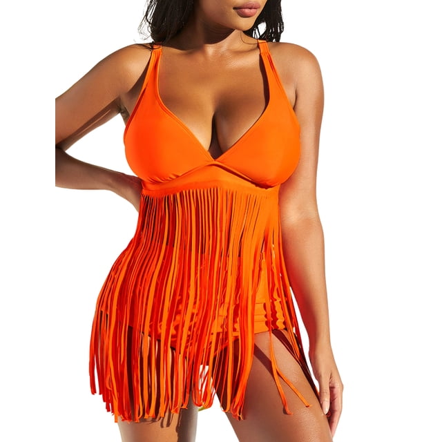 Pudcoco Ensembles de Bikini à Franges pour Femmes, Couleur Unie, Été, 2 Pcs, Débardeurs Sans Manches à Col en V Profond + String Taille Haute