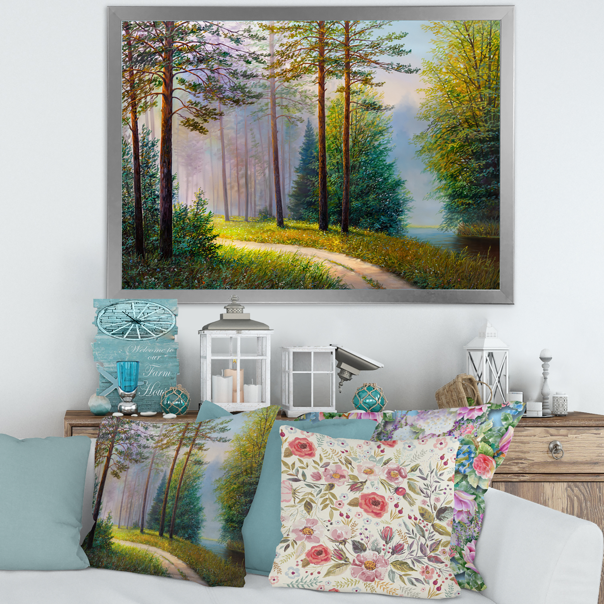 Designart 'Subtle Sunset Light Through The Trees II' Lake House Framed Art Print