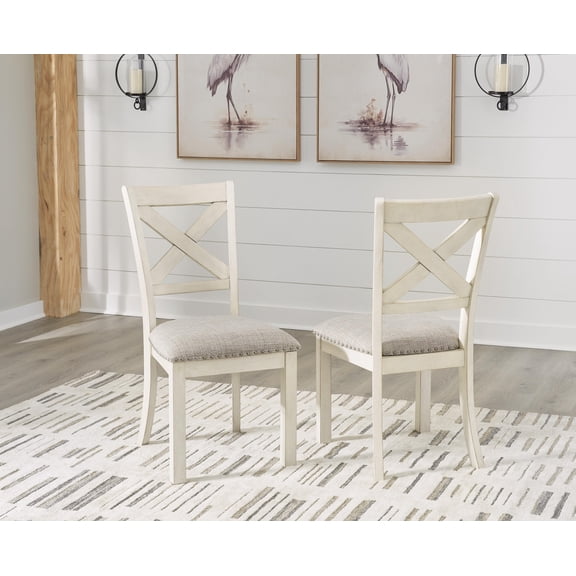 Signature Design by Ashley Robbinsdale Upholstered Dining Side Chair Set (2), Antique White, Farmhouse X-Back Chairs with Nailhead Trim