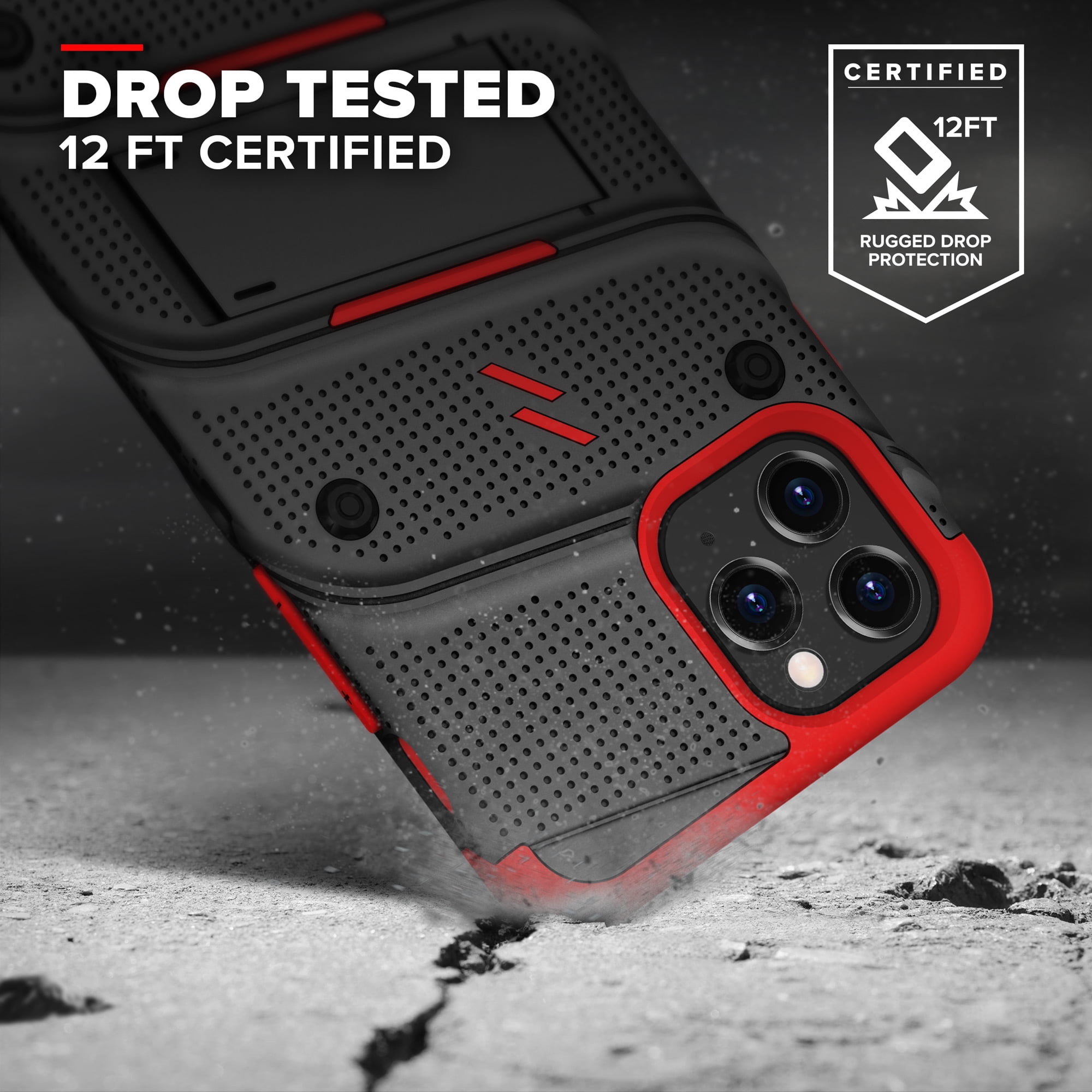 ZIZO BOLT Series for iPhone 12 Pro Max Case with Screen Protector Kickstand Holster Lanyard - Black & Red