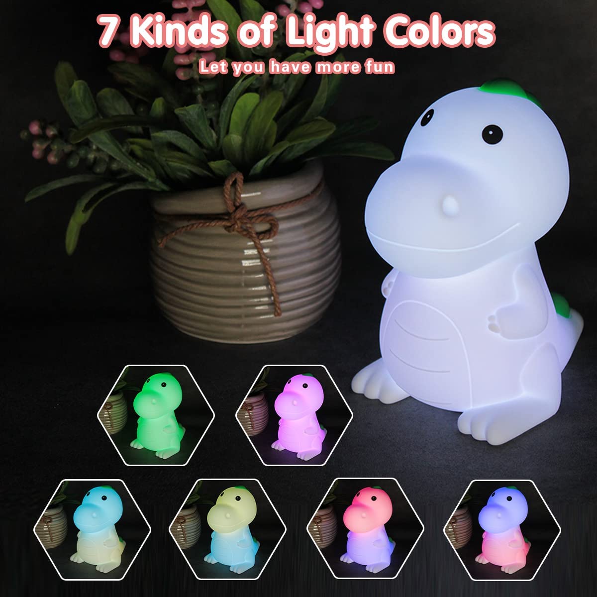 KOMI Dinosaur Night Light, Dimmable LED Nursery Lamp for Kids