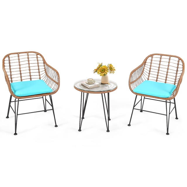 Patiojoy 3 PCS Patio Rattan Furniture Set with Round Tempered Glass Top Table & 2 Rattan Armchairs Turquoise Cushions