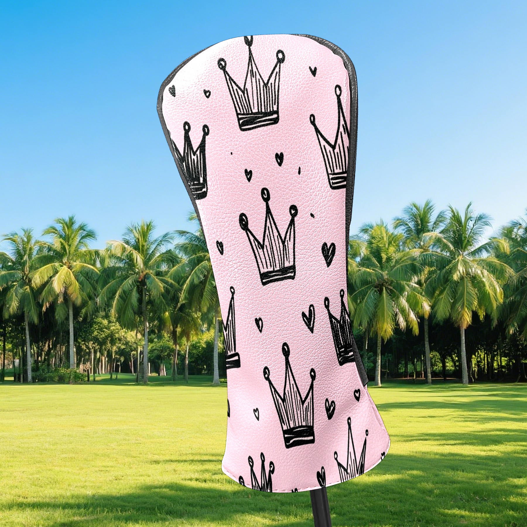 Golf Club Covers, Pink Black Crowns Premium PU Leather Driver Hybrid Putter Head Covers with Velvet Lining, Waterproof Golf Gifts for Men Women