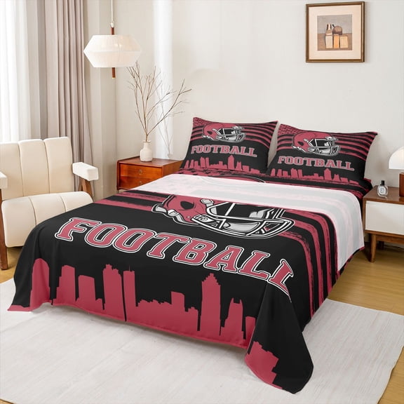 jejeloiu Football Sport City Twin Sheet Sets,Red Rugby Helmet Bedding For Boys Kids 3 Pieces