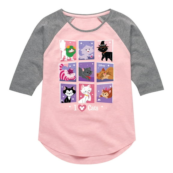 Disney Classics - Cats & Dogs - Grid Of Assorted Cats  - Toddler And Youth Girls Raglan Graphic T-Shirt