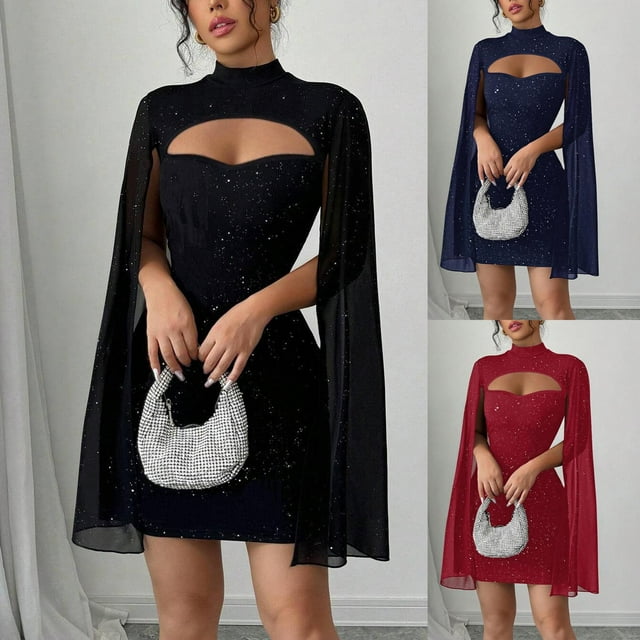 Lekwk Robe à Sequins pour Femmes Robe Mini Cape en Chiffon Découpée Sans Manches Couleur Unie Soirée Cocktail Invité de Mariage