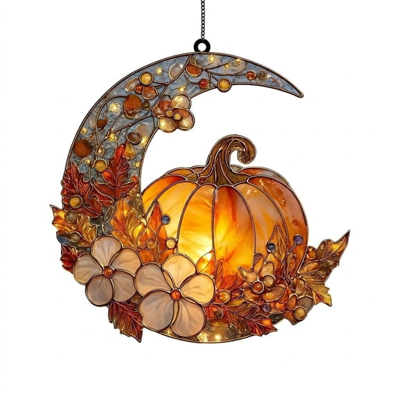 Stained Glass Pumpkin Suncatcher, 2D Acrylic Moon Window Hanging for Autumn Decor, Halloween, Thanksgiving(8in)