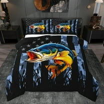 Homewish Rustic Pike Fish Full Size Comforter Sets, Vintage American Flag Bedding Comforter Set, Hunting and Fishing Reversible Bedding Sets, Super Cozy Room Decor, 3-Piece