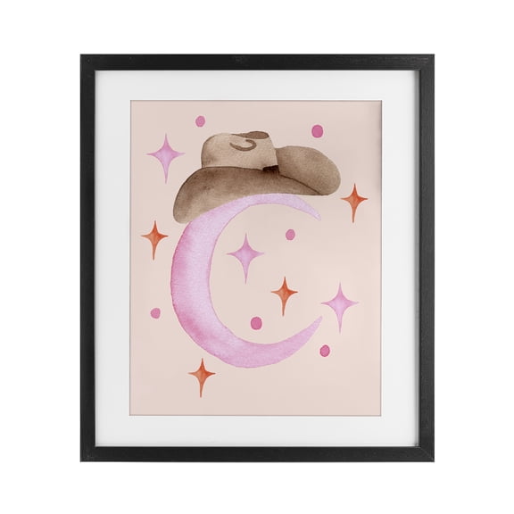 Moon Cowgirl Hat Black Framed Print Under Glass, design by Nina Jacobs