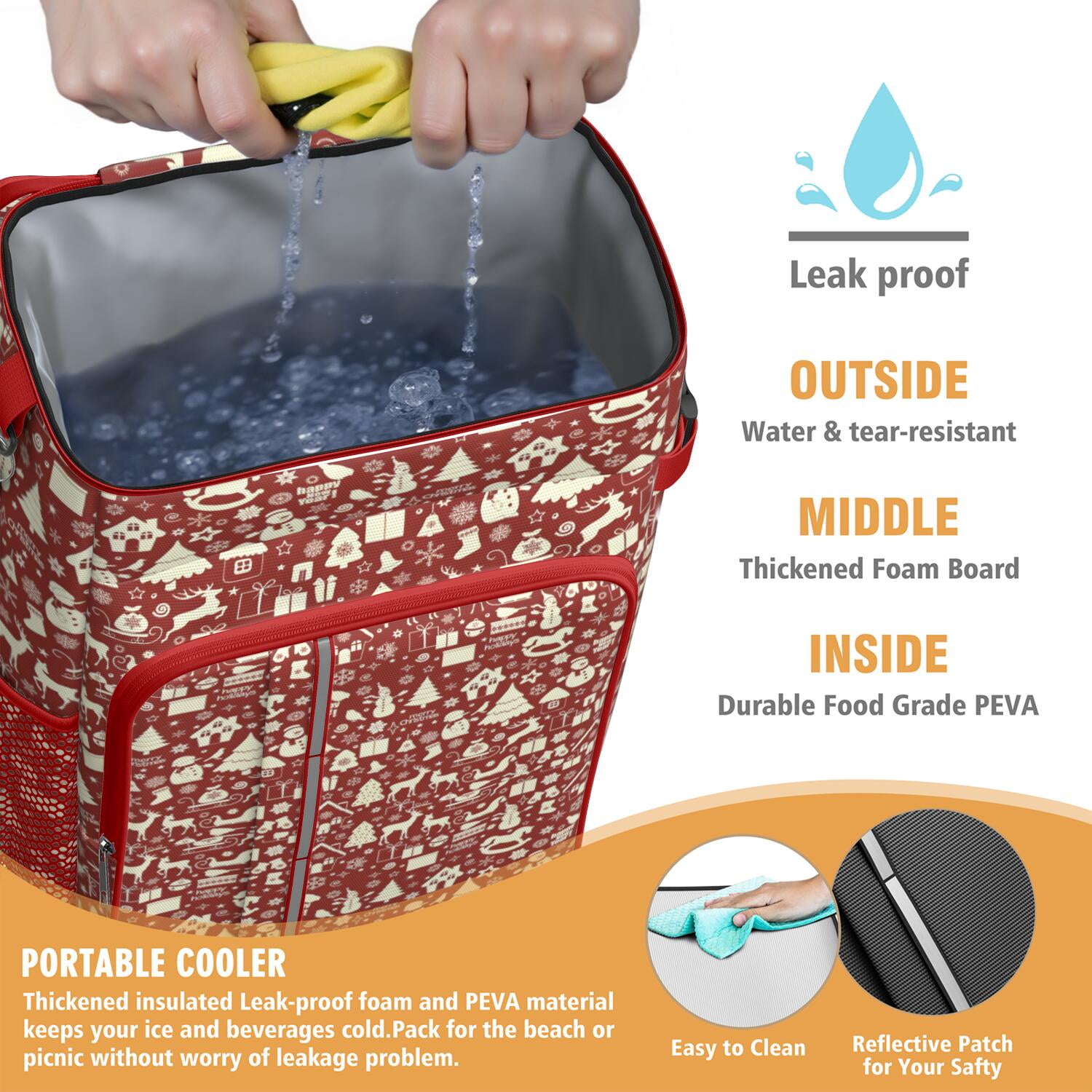 Travel Cooler Bag - Red Christmas Icon Pattern Camping Beer Cooler Backpack with Bottle Opener- Waterproof Insulated Picnic Backpacks - Cooler Bag for Beach