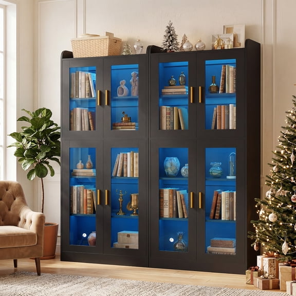 Homieasy 55.1''W 2 Piece Bookcase with LED Lights, Freestanding Display Cabinet with Glass Doors and Adjustable Shelves, Black